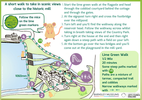 A map of Worsbrough Mill Walks highlighting the Purple Walk route, which loops around a reservoir. The 1.5-mile walk takes about 45 minutes, is mostly flat, and follows tarmac and compacted trail paths.