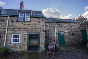 Entrance to the shop and visitor centre through an open green door.