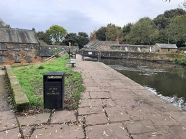 Mill pond to the right of a flagstone path. A litter and dog waste bin on some grass to the left.
