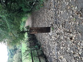 A bollard in the middle of the main path. Main path leads steeply downwards. There is a water drain across the path creating a lip for wheelchairs.